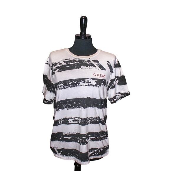 Guess Los Angeles Striped Logo T Shirt Black White Cotton Size L - Picture 1 of 4